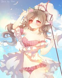 Rule 34 | 1girl, animal ears, arknights, arm up, bikini, blue sky, blush, breasts, brown hair, cloud, commentary request, cowboy shot, day, eyjafjalla (arknights), eyjafjalla (summer flower) (arknights), flower, hair flower, hair ornament, hand up, highres, holding, holding staff, horns, long hair, navel, outdoors, parted lips, pink bikini, pink eyes, pink flower, plaid, plaid bikini, sheep ears, sheep horns, sico yuzi, sky, small breasts, solo, staff, stomach, swimsuit, unmoving pattern