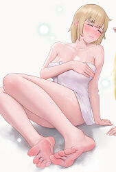 Rule 34 | 1girl, bare arms, bare legs, bare shoulders, barefoot, bath, blonde hair, closed eyes, covering privates, dungeon meshi, elf, falin touden, feet, hair around ear, highres, naked towel, nude cover, pointy ears, qizhu, short hair, soles, toes, towel, water, wet, wet hair