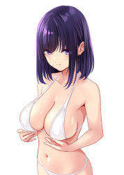 Rule 34 | 1girl, absurdres, bare arms, bare shoulders, bikini, blush, breast conscious, breasts, cleavage, closed mouth, collarbone, commentary request, highres, large breasts, looking down, marui koishi, navel, original, purple eyes, purple hair, simple background, solo, stomach, swimsuit, upper body, white background, white bikini