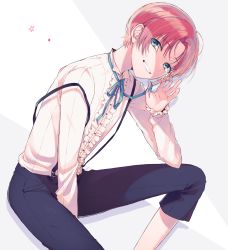 Rule 34 | 1boy, blouse, blue eyes, blue ribbon, chisumi, from side, hand up, head tilt, highres, long sleeves, looking at viewer, looking to the side, male focus, neck ribbon, original, pants, pink hair, purple pants, ribbon, shirt, short hair, smile, solo, strap slip, suspenders, white shirt