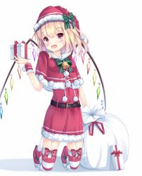 Rule 34 | 1girl, :d, alternate costume, belt, belt buckle, blonde hair, blush, bow, box, buckle, capelet, crystal, demon wings, dress, flandre scarlet, full body, garter straps, gift, gift box, green bow, hat, hat bow, hat ornament, head tilt, highres, holding, holding gift, kneeling, looking at viewer, open mouth, pom pom (clothes), rainbow order, red bow, red dress, red eyes, red hat, sack, santa costume, santa hat, shiero., short dress, simple background, smile, solo, striped bow, striped clothes, striped thighhighs, thighhighs, touhou, white background, wings, wrist cuffs, zettai ryouiki