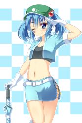 Rule 34 | 1girl, arm up, belt, blue eyes, blue hair, blue skirt, blush, closed mouth, collarbone, fang, gloves, green hat, hair bobbles, hair ornament, hat, highres, houkiboshi, kawashiro nitori, looking at viewer, navel, one eye closed, race queen, short hair, short sleeves, short twintails, skirt, smile, solo, touhou, twintails, white gloves