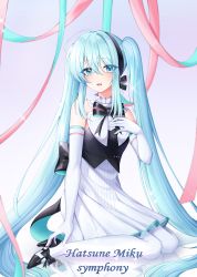 Rule 34 | 1girl, absurdly long hair, absurdres, ahoge, aqua eyes, aqua hair, artist name, artist request, back bow, back ribbon, bare shoulders, beamed eighth notes, black bow, black footwear, black hairband, black high heels, black ribbon, blue eyes, blue hair, blue ribbon, bow, bowtie, character name, collar, dress, eighth note, elbow gloves, female focus, floating hair, footwear bow, frilled collar, frills, full body, gloves, green eyes, green hair, grey background, hair between eyes, hair ribbon, hairband, hand on own chest, hatsune miku, high heels, highres, long hair, looking at viewer, miku symphony (vocaloid), musical note, neck ribbon, pectorals, pink ribbon, pleated dress, pleated skirt, quarter note, ribbon, shoes, short dress, shoulder tattoo, sitting, skirt, sleeveless, sleeveless dress, smile, solo, tattoo, thighhighs, twintails, very long hair, vocaloid, white dress, white gloves, white skirt, white thighhighs, zettai ryouiki