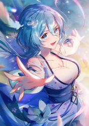 Rule 34 | 1girl, :d, bare shoulders, blue eyes, blue flower, blue hair, blue sash, breasts, collarbone, commentary request, commission, detached sleeves, feathered wings, feathers, floral print, flower, hair between eyes, hair flower, hair ornament, has otm, japanese clothes, kimono, large breasts, long hair, long sleeves, looking at viewer, obi, open mouth, original, outstretched arm, print kimono, purple kimono, sash, skeb commission, smile, solo, wings