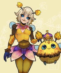 Rule 34 | 1girl, animal, antennae, artist name, ball, bee, black sclera, blonde hair, blue eyes, breasts, brown background, bug, colored sclera, commentary request, cowboy shot, crown, gloves, green eyes, highres, insect, lamambapeluda, league of legends, looking at viewer, medium breasts, orbeeanna, orianna (league of legends), pantyhose, short hair, smile, wings, yellow pantyhose
