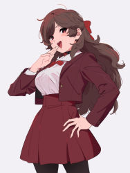 Rule 34 | 1girl, borrowed character, bow, breasts, brown hair, character request, commentary request, copyright request, cowboy shot, hair bow, hand on own hip, jacket, kamo kamen, large breasts, open mouth, pantyhose, red eyes, red jacket, red skirt, skirt, smile, solo