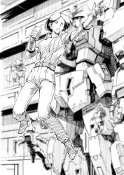 Rule 34 | 1girl, 3others, belt, blurry, blurry background, breasts, cup, drinking straw, emma sheen, floating, greyscale, gundam, hair behind ear, hangar, highres, holding, holding cup, kaeru no papa, mecha, medium breasts, mobile suit, monochrome, multiple others, open hand, outstretched arm, pilot suit, robot, science fiction, short hair, spacesuit, v-fin, zeta gundam