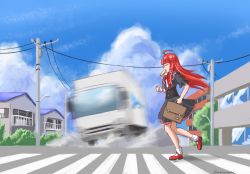 Rule 34 | ahoge, bag, blue sky, bow, bread, bread slice, cloud, commentary, dress, food, food in mouth, frilled dress, frills, highres, holding, holding bag, hololive, hololive indonesia, isekai truck, kureiji ollie, large bow, long hair, mary janes, motion blur, motor vehicle, mouth hold, olivia (kureiji ollie), red bow, red footwear, red hair, shoes, sky, smile, socks, toast, toast in mouth, truck, virtual youtuber, wchanworks