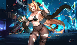 Rule 34 | 1girl, :d, absurdres, animal, animal ear fluff, animal ears, arknights, arm up, armpits, bag, bare shoulders, bikini, bikini under clothes, black bikini, black pantyhose, blonde hair, breasts, character name, city, cleavage, collarbone, confetti, covered erect nipples, covered navel, d. joko, exhibitionism, fur shawl, green eyes, handbag, happy new year, highres, holding, holding bag, large breasts, lipstick, long hair, looking at viewer, makeup, multicolored hair, new year, night, open mouth, outdoors, pantyhose, parted bangs, public indecency, red hair, shawl, skindentation, smile, solo focus, sunglasses, swimsuit, swire (arknights), tail, thigh strap, tiger, tiger ears, tiger girl, tiger tail, toned, torn clothes, torn legwear, two-tone hair, v-shaped eyebrows, very long hair, watch, wristband, wristwatch
