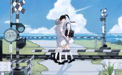 Rule 34 | 2girls, absurdres, bag, bag charm, black eyes, black footwear, black hair, charm (object), closed eyes, cloud, cloud nine inc, commentary request, day, film grain, floating hair, flower, grass, grey hair, hand on another&#039;s cheek, hand on another&#039;s face, highres, kajiwara 3, kneehighs, loafers, long hair, looking at another, multiple girls, nape, neckerchief, ocean, outdoors, pleated skirt, ponytail, purple neckerchief, railroad crossing, road sign, sailor collar, school bag, school uniform, serafuku, shirt, shoes, short hair, short sleeves, shoujo rei (vocaloid), sign, signature, skirt, sky, socks, standing, utaite, white flower, white sailor collar, white serafuku, white shirt, white skirt, white socks, yoshino (utaite), yuri
