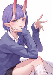 1girl absurdres blunt_bangs blush breasts eyeliner fate/grand_order fate_(series) gamangajo hand_on_own_head highres horns long_sleeves looking_at_viewer makeup oni pointy_ears purple_eyes purple_hair revision short_eyebrows short_hair shuten_douji_(fate) skin-covered_horns skirt small_breasts smile solo tongue tongue_out