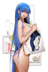 Rule 34 | 1girl, absurdres, blue bra, blue eyes, blue hair, bra, breasts, butt plug, commentary, english commentary, facial tattoo, highres, hitachi magic wand, holding, holding bra, holding clothes, holding underwear, hu dako, large breasts, lips, long hair, looking at viewer, open mouth, original, sex toy, solo, sweat, tattoo, teeth, tenga, underwear, unworn bra, very long hair, vibrator