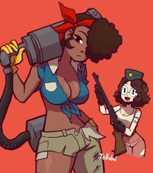 Rule 34 | 2girls, absurdres, bandages, breasts, brown hair, cleavage, cowboy shot, garrison cap, glass, gloves, gun, hat, highres, jelluboi, large breasts, looking at viewer, molly (skullgirls), multiple girls, navel, open mouth, red background, rifle, roxie (skullgirls), shirt, shotgun, skullgirls, smile, tank top, tied shirt, torn clothes, weapon