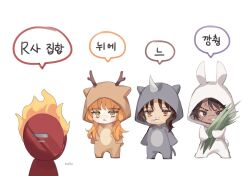 Rule 34 | 1girl, 1other, 2boys, animal costume, antlers, brown eyes, brown hair, cosplay, dante (limbus company), flaming head, grass, gregor (project moon), heathcliff (project moon), horns, ishmael (project moon), kigurumi, limbus company, long hair, love mintchoco, multiple boys, object head, orange hair, project moon, purple eyes, rabbit costume, simple background, single horn, very long hair, white background