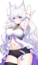 1girl absurdres animal_ear_fluff animal_ears arms_behind_head bell black_shorts black_thighhighs bow breasts cleavage detached_sleeves fox_ears fox_girl hair_between_eyes highres indie_virtual_youtuber large_breasts long_hair midriff navel neck_bell purple_bow purple_eyes purple_ribbon purple_skirt ribbon sakotach see-through_cleavage see-through_clothes short_shorts shorts showgirl_skirt single_thighhigh skirt solo star_(symbol) taylink_(vtuber) thighhighs virtual_youtuber white_hair white_sleeves