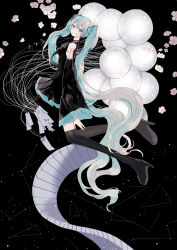 Rule 34 | 1girl, absurdly long hair, absurdres, aqua hair, balloon, black background, black footwear, black shirt, black skirt, black sleeves, black thighhighs, blue eyes, boots, breasts, collared shirt, commentary request, constellation, detached sleeves, flower, hair between eyes, hair ornament, hatsune miku, high heel boots, high heels, highres, juu ame, long arms, long hair, long legs, long sleeves, petals, pink flower, pleated skirt, shirt, skirt, sleeveless, sleeveless shirt, small breasts, solo, thigh boots, thighhighs, twintails, very long hair, vocaloid, wide sleeves