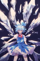 Rule 34 | 1girl, bad id, bad twitter id, bloomers, blue bow, blue dress, blue eyes, blue hair, blue vest, bow, bowtie, cirno, closed mouth, cowboy shot, dress, dress shirt, from side, hair between eyes, hair bow, hair ornament, hand up, highres, ice, ice wings, injury, isshin (kaxz), legs apart, light smile, looking at viewer, matching hair/eyes, red bow, red bowtie, ribbon, shirt, short hair, short sleeves, skirt, skirt set, smile, solo, standing, touhou, underwear, vest, wings
