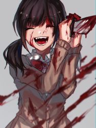 Rule 34 | 1girl, :d, ^ ^, bad id, bad pixiv id, black hair, blood, blood on clothes, blood on face, blood splatter, bloody knife, blunt bangs, bow, bowtie, cardigan, closed eyes, danjou sora, grey background, happy, holding, holding knife, knife, long hair, long sleeves, low twintails, motion blur, open mouth, original, red bow, red bowtie, school uniform, simple background, smile, solo, teeth, twintails, two-handed, upper body