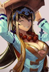 Rule 34 | 1girl, adjusting clothes, adjusting headwear, bead necklace, beads, beppu mitsunaka, black hair, breasts, brown eyes, cleavage, fate/grand order, fate (series), hat, headpiece, jewelry, large breasts, long hair, looking at viewer, necklace, one eye closed, pink background, prayer beads, robe, smile, solo, upper body, white robe, xuangzang sanzang (fate)