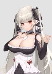 Rule 34 | 1girl, azur lane, bare shoulders, between breasts, black dress, black ribbon, breasts, cleavage, clothing cutout, detached collar, dress, formidable (azur lane), frilled dress, frills, grey background, grey hair, hair ribbon, hand on own chest, large breasts, long hair, long sleeves, looking at viewer, necktie, necktie between breasts, orange eyes, ribbon, shoulder cutout, simple background, solo, twintails, two-tone dress, two-tone ribbon, upper body, very long hair, white dress, white ribbon, yomi1221