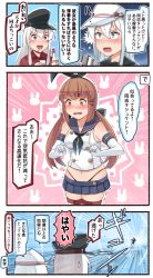Rule 34 | 3girls, 3koma, :d, artistic error, black bow, black neckerchief, black panties, black sailor collar, blue eyes, blue sailor collar, blue skirt, blush, bottle, bow, brown eyes, brown hair, comic, commentary, cosplay, crop top, drooling, elbow gloves, embarrassed, gangut (kancolle), gloves, hair between eyes, hair bow, hair ornament, hairclip, hammer and sickle, hat, hibiki (kancolle), highleg, highleg panties, highres, hip flask, holding, holding bottle, ido (teketeke), kantai collection, low twintails, miniskirt, multiple girls, neckerchief, open mouth, orange eyes, panties, peaked cap, pleated skirt, red shirt, remodel (kantai collection), sailor collar, scar, scar on face, school uniform, serafuku, shimakaze (kancolle), shimakaze (kancolle) (cosplay), shirt, skirt, sleeveless, smile, speech bubble, striped clothes, striped legwear, striped thighhighs, tashkent (kancolle), thighhighs, translation request, trembling, twintails, underwear, v-shaped eyebrows, verniy (kancolle), white gloves, white hair, white hat