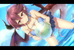 Rule 34 | 1girl, ball, bikini, blush, breasts, commentary request, dragon girl, dragon horns, dragon tail, dragon wings, granblue fantasy, grea (shingeki no bahamut), horns, large breasts, letterboxed, looking at viewer, manaria friends, midorinocha, navel, pointy ears, purple hair, red eyes, shingeki no bahamut, short hair, simple background, skirt, solo, swimsuit, tail, water, wings
