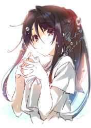 Rule 34 | 1girl, black hair, blue ribbon, blue sailor collar, blush, breasts, brown eyes, closed mouth, commentary request, crop top, crop top overhang, hair between eyes, hair intakes, hands up, highres, long hair, looking at viewer, neck ribbon, original, ponytail, ribbon, sailor collar, school uniform, serafuku, shirt, short sleeves, shouna mitsuishi, signature, small breasts, solo, steepled fingers, translation request, upper body, very long hair, white shirt