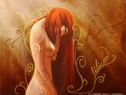 Rule 34 | 00s, 1girl, 2007, breasts, covering face, covering privates, elfen lied, hair over eyes, highres, ink, long hair, lucy (elfen lied), markings, monster girl, no nipples, nude, nude cover, red hair, solo, tattoo, very long hair
