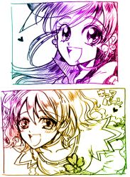 Rule 34 | 00s, 2girls, :d, colorful, cure dream, cure pine, eyelashes, female focus, fresh precure!, looking at viewer, lowres, magical girl, monochrome, multiple girls, nuriesuki, open mouth, precure, smile, yamabuki inori, yes! precure 5, yumehara nozomi