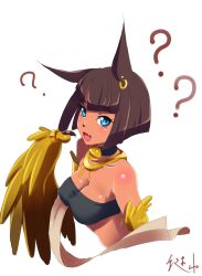 Rule 34 | 10s, 1girl, :d, ?, animal ears, bad id, bad pixiv id, bandeau, bare shoulders, bell, black hair, blue eyes, blush, bob cut, body blush, breasts, brown hair, choker, cleavage, collarbone, cropped torso, dark-skinned female, dark skin, earrings, eyebrows, fang, feathered wings, from side, furry, furry female, highres, jewelry, jingle bell, kagiyama (clave), looking at viewer, looking back, monster girl, monster musume no iru nichijou, monster musume no iru nichijou online, neck bell, necklace, nemes (monster musume), open mouth, parted bangs, ribbon, shiny skin, short hair, sideboob, signature, simple background, smile, snout, solo, sphinx, talons, taut clothes, upper body, white background, winged arms, wings, yellow wings