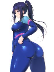 Rule 34 | 1girl, absurdres, ass, blue bodysuit, blue hair, blush, bodysuit, breasts, closed mouth, cowboy shot, diving suit, from side, hair tie, half-closed eyes, hand on own hip, high ponytail, highres, light smile, long hair, looking at viewer, looking back, love live!, love live! sunshine!!, matsuura kanan, medium breasts, ponytail, purple eyes, shinonon (iso shino), shiny clothes, sidelocks, simple background, skin tight, smile, solo, standing, swept bangs, tail, thick thighs, thighs, turtleneck, wetsuit, white background, zipper