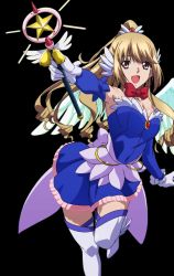 Rule 34 | 10s, 1girl, :d, aiba asagi, armpits, blonde hair, blue dress, boots, bow, bowtie, breasts, brown eyes, cleavage, detached sleeves, dress, gloves, hair ornament, high ponytail, holding, long hair, magical girl, medium breasts, open mouth, red bow, shiny skin, short dress, smile, solo, standing, strapless, strapless dress, strike the blood, thigh boots, thighhighs, transparent background, very long hair, white footwear, white gloves, white thighhighs