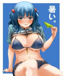 Rule 34 | 1girl, bikini, bikini top only, bikini under clothes, blue background, blue bikini, blue eyes, blue hair, blush, breasts, cleavage, clothes lift, commentary, covered erect nipples, eyebrows, food, hair bobbles, hair ornament, highres, jacket, jacket lift, kawashiro nitori, key, large breasts, looking at viewer, megame (okbnkn), melting, navel, nervous sweating, open mouth, popsicle, round teeth, short shorts, shorts, simple background, sitting, solo, sweat, sweatdrop, swimsuit, swimsuit under clothes, teeth, text focus, thighs, touhou, translated, two side up