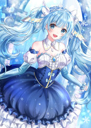 Rule 34 | 1girl, :d, bare shoulders, blue dress, blue eyes, blue hair, blush, detached collar, detached sleeves, dress, earrings, fortissimo, hair ornament, hatsune miku, highres, jewelry, long hair, musical note, musical note hair ornament, open mouth, sakura rio1116, smile, snowflakes, solo, strapless, strapless dress, tiara, twintails, very long hair, vocaloid, yuki miku