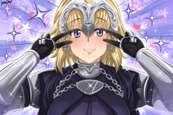 Rule 34 | 1girl, absurdres, armor, armored dress, black gloves, blonde hair, blue background, blue eyes, blush, braid, breasts, chain, closed mouth, collar, double v, emotional engine - full drive, fate/apocrypha, fate/grand order, fate (series), gauntlets, gloves, hands up, headpiece, heart, highres, jeanne d&#039;arc (fate), jeanne d&#039;arc (ruler) (fate), large breasts, long braid, long hair, looking at viewer, makudesu, metal collar, parody, single braid, smile, solo, sparkle, star (symbol), sunburst, sunburst background, v, very long hair