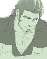 Rule 34 | 1boy, arm hair, bara, bare pectorals, chest hair, facial hair, green theme, greyscale, hairy, large pectorals, long sideburns, looking at viewer, male focus, monochrome, multicolored hair, muscular, muscular male, partially unbuttoned, pectoral cleavage, pectorals, short hair, sideburns, sketch, smile, solo, streaked hair, stubble, thick eyebrows, tokyo houkago summoners, upper body, yamasachihiko (housamo), yon yon (shikawafu)