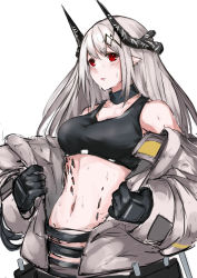 Rule 34 | 1girl, arknights, black choker, black gloves, black tank top, blush, breasts, choker, collarbone, commentary, commentary request, demon horns, feet out of frame, gloves, highres, horns, jacket, long hair, looking at viewer, marche mk14, medium breasts, mudrock (arknights), navel, open clothes, open jacket, open mouth, pointy ears, red eyes, sketch, solo, standing, sweat, tank top, white background, white hair, white jacket