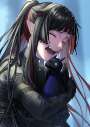 Rule 34 | 1boy, absurdres, black hair, blunt bangs, bodysuit, closed eyes, colored inner hair, creature, crying, dragon, fangs, high collar, highres, holding, holding creature, lilia vanrouge, long hair, multicolored hair, nil (pixiv 53614557), open mouth, ponytail, red hair, solo, streaked hair, tears, twisted wonderland, upper body, very long hair, western dragon