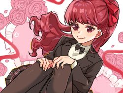 Rule 34 | 1girl, black bow, bow, flower, frills, hair ribbon, hands on own knees, heart, knees up, looking at viewer, maitakepasuta, pantyhose, persona, persona 5, persona 5 the royal, pink flower, pink rose, ponytail, red hair, red ribbon, ribbon, rose, school uniform, shuuchiin academy school uniform, sitting, smile, solo, yoshizawa sumire
