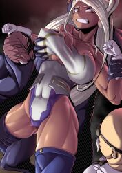 Rule 34 | 1girl, 3boys, animal ears, bare shoulders, boku no hero academia, breasts, clenched hands, clenched teeth, collarbone, covered abs, covered erect nipples, covered navel, crescent print, dark-skinned female, dark skin, defeat, furrowed brow, gloves, grabbing, grabbing another&#039;s breast, grabbing from behind, hand on another&#039;s thigh, highleg, highleg leotard, highres, holding another&#039;s wrist, large breasts, leotard, long eyelashes, long hair, looking at another, max (maxlikeapicture), mirko, multiple boys, muscular, muscular female, noumu (boku no hero academia), parted bangs, purple thighhighs, rabbit ears, rabbit girl, red eyes, restrained, sleeveless turtleneck leotard, solo focus, teeth, thick thighs, thighhighs, thighs, torn clothes, torn leotard, very long hair, white gloves, white hair, white leotard