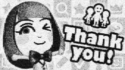 Rule 34 | absurdres, annotation request, bad id, bad miiverse id, blunt bangs, bow, bowtie, collaboration, collage, commentary, english text, greyscale, highres, incredibly absurdres, mii (nintendo), miiverse, monochrome, nintendo, one eye closed, outstretched arms, smile, thank you