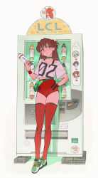 Rule 34 | 3girls, :t, adapted costume, arm behind back, ayanami rei, blue eyes, blush, bottle, bra strap, breasts, brown hair, character name, chibi, chibi inset, choker, closed mouth, collarbone, commentary, entry plug, fanny pack, female focus, full body, green choker, green footwear, hair between eyes, head tilt, headgear, high-waist shorts, highres, holding, holding bottle, ikari shinji, interface headset, lcl, legs together, logo, long hair, midriff peek, multiple girls, neon genesis evangelion, nerv, plugsuit, pout, raised eyebrow, red shorts, red thighhighs, seele (evangelion), shadow, shirt, shoes, short shorts, short sleeves, shorts, simple background, small breasts, sneakers, solo, souryuu asuka langley, sports bra, standing, star (symbol), straight hair, striped, t-shirt, thighhighs, timbougami, two side up, vending machine, water bottle, white background, white footwear, white shirt, wristband, zipper, zipper pull tab