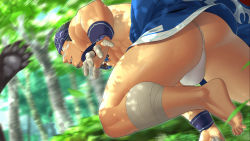 Rule 34 | 1boy, ass, ass focus, bandages, bandana, bara, bear paws, black hair, blurry, blurry background, bulge, day, facial hair, forest, fundoshi, gyee, highres, huge ass, itto (mentaiko), japanese clothes, jewelry, kamui (gyee), leaf, male focus, motion blur, muscular, muscular male, nature, necklace, nipples, ring, skirt, solo, stubble, thick thighs, thighs, tree