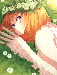 Rule 34 | 1girl, bare shoulders, blue eyes, blush, closed mouth, clover, commentary, dress, elbow gloves, eyelashes, eyes visible through hair, floral print, flower, flower wreath, four-leaf clover day, glass, gloves, go-toubun no hanayome, green flower, green rose, hair between eyes, hair over shoulder, happy, head wreath, highres, leaf, lens flare, looking at viewer, looking to the side, lying, medium hair, nakano yotsuba, official alternate costume, on grass, on stomach, orange hair, rose, see-through, see-through sleeves, shiny skin, smile, solo, sparkling eyes, straight hair, tamago sando, upper body, wedding dress, white dress, white flower, white gloves