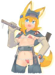 Rule 34 | 1girl, :d, animal ears, bikini, blonde hair, blue eyes, blush, breasts, cameltoe, commentary request, covered erect nipples, elbow gloves, fang, fox ears, fox girl, fox tail, gloves, grey gloves, hair between eyes, hammer, hand on own hip, holding, looking at viewer, medium breasts, navel, open mouth, original, raito (itoraito), red bikini, sledgehammer, smile, solo, swimsuit, tail, thick eyebrows