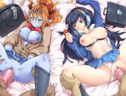 Rule 34 | 2boys, 2girls, absurdres, bad id, bad pixiv id, blue skin, blush, bored, bra, bra pull, breasts, cardigan, ceda (dace), cellphone, clenched teeth, clothed sex, clothes lift, clothes pull, clothing aside, colored skin, condom, condom on penis, condom wrapper, emotionless sex, fang, group sex, headphones, hera-ur (p&amp;d), hera (p&amp;d), highres, horns, inverted nipples, isis (p&amp;d), large breasts, lifting own clothes, lying, missionary, multiple boys, multiple girls, multiple penises, multitasking, nipples, no panties, on back, open clothes, open shirt, orange hair, panties, panties aside, penis, phone, pointy ears, pussy, pussy juice, puzzle &amp; dragons, school uniform, sex, shirt, skirt, skirt lift, smartphone, spread legs, sweat, sweater, teeth, thighhighs pull, uncensored, underwear, vaginal, yellow eyes