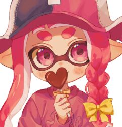 Rule 34 | 1girl, blue hat, bow, braid, braided sidelock, candy, closed mouth, commentary, english commentary, food, hair bow, hat, heart, highres, holding, holding candy, holding food, inkling, inkling girl, inkling player character, long hair, looking at viewer, multicolored clothes, multicolored hat, nintendo, ochocho2828, pink eyes, pink hair, pink hat, pink sweater, pointy ears, simple background, single braid, smile, solo, splatoon (series), splatoon 3, sweater, tentacle hair, thick eyebrows, upper body, white background, white hat, yellow bow