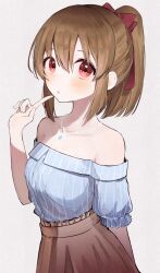 Rule 34 | 1girl, :o, bare shoulders, blue shirt, blush, brown hair, brown skirt, collarbone, finger to mouth, highres, hori yuko, idolmaster, idolmaster cinderella girls, looking at viewer, off-shoulder shirt, off shoulder, ponytail, red eyes, shirt, simple background, skirt, solo, striped clothes, striped shirt, tsuchi (sh spica1), vertical-striped clothes, vertical-striped shirt, white background