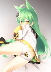 Rule 34 | 1girl, :3, absurdres, ahoge, akashi (azur lane), animal ears, ass, azur lane, back-print panties, bed sheet, black bow, blush, bow, cat ears, closed mouth, commentary request, dress, green hair, hair between eyes, hair bow, hair ornament, highres, long hair, long sleeves, lying, mole, mole under eye, on side, panties, paw panties, paw print, print panties, sailor dress, solo, tongue, tongue out, underwear, very long hair, white dress, white panties, wide sleeves, yellow eyes, zetsuriinu (kairyougata)