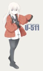 Rule 34 | 10s, 1girl, alternate costume, anchor, ascot, black gloves, black pantyhose, blue eyes, buttons, character name, closed eyes, coat, dress, eyebrows, full body, gloves, grey background, hair between eyes, hanten (clothes), kantai collection, long hair, long sleeves, looking at viewer, no shoes, pale skin, pantyhose, red coat, sailor dress, shigino sohuzi, shirt, sidelocks, simple background, sleeves past wrists, smile, solo, standing, u-511 (kancolle), white hair, white shirt